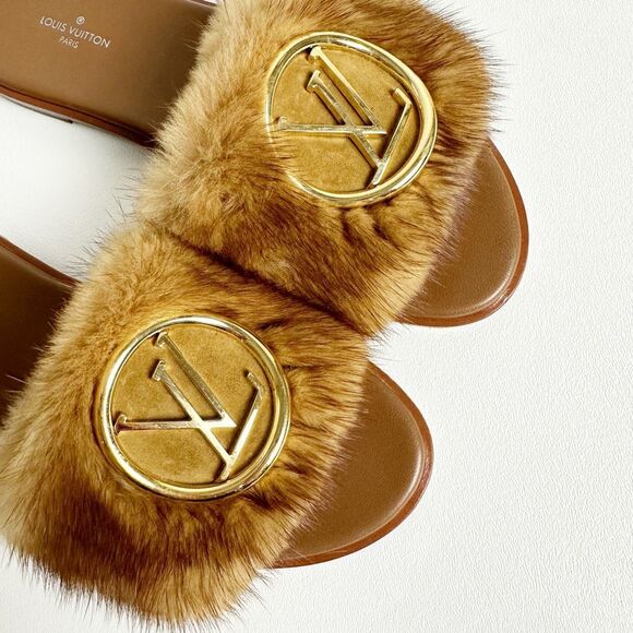 LOUIS VUITTON Lock It Mink Fur Brown Slide Sandal 37 US 7 Mules Logo Flat Mule - Picture 5 of 14